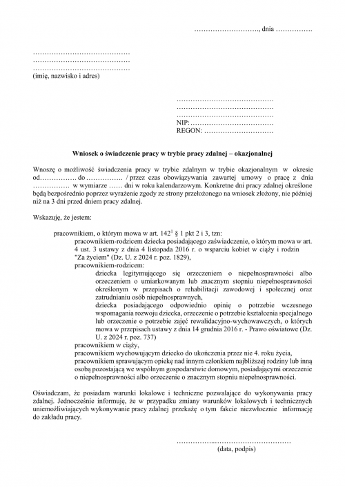 WoŚPwTPZo Wniosek o świadczenie pracy w trybie pracy zdalnej - okazjonalnej