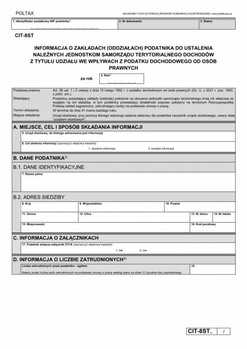 CIT-8ST (1) Informacja o zakładach (oddziałach) podatnika do ustalenia...