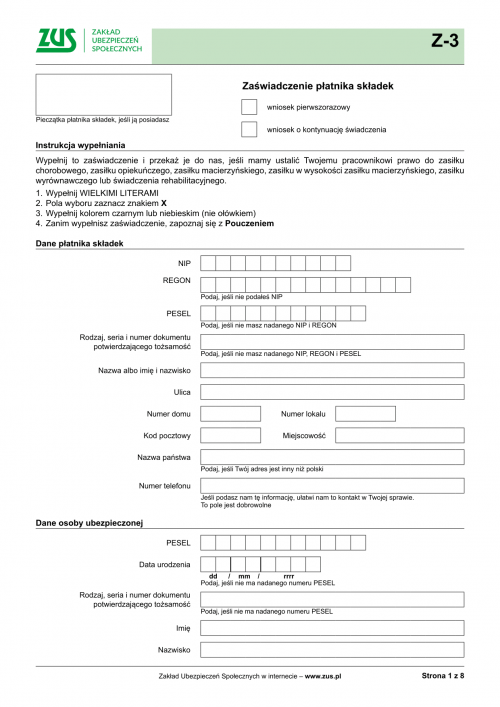 ZUS Z-3 (archiwalny) Zaświadczenie płatnika składek - wersja papierowa