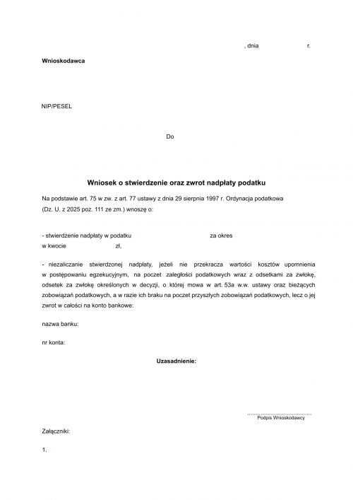 WoSoZNP Wniosek o stwierdzenie oraz zwrot nadpłaty podatku