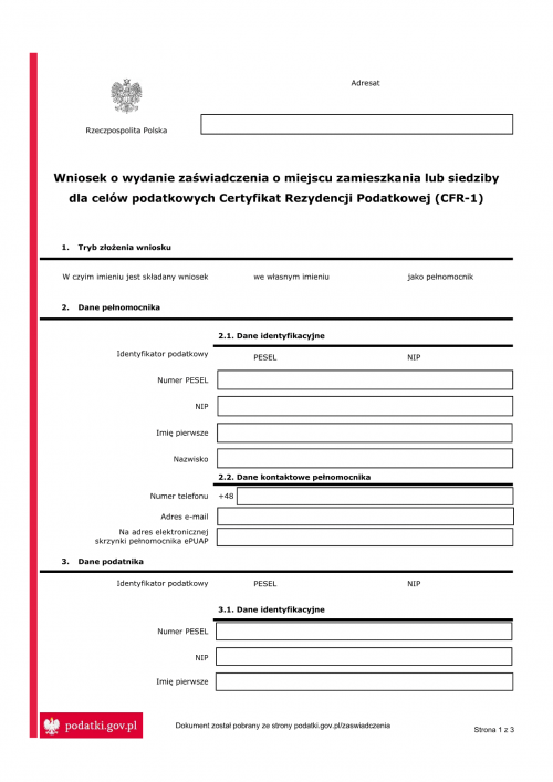 W CFR-1 Wniosek o wydanie zaświadczenia o miejscu zamieszkania lub sie...