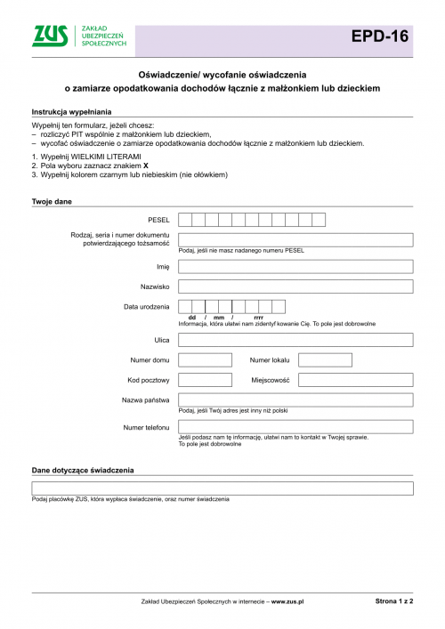 ZUS EPD-16 (archiwalny) Oświadczenie o zamiarze opodatkowania dochodów...